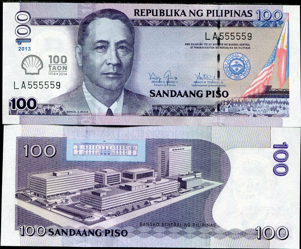 PHILIPPINES 100 PISOS 2013 (2014) COMM. 100 YEARS TAON SHELL NEAR SOLID S/N UNC