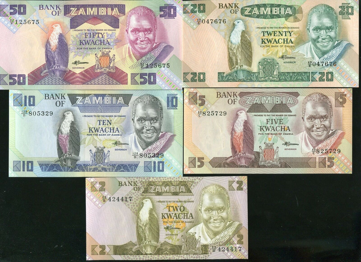Zambia Set 5 Pcs 2 5 10 20 50 Kwacha ND 1980 P 24 25 26 27 28 UNC