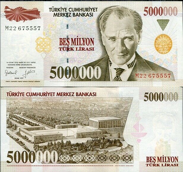 TURKEY 5,000,000 5 MILLION 1997 P 210 AUNC ABOUT UNC