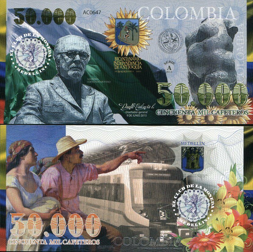 COLOMBIA EL DELA MONEDA MEDELLIN 50,000 CAFETOROS 2013 UNC