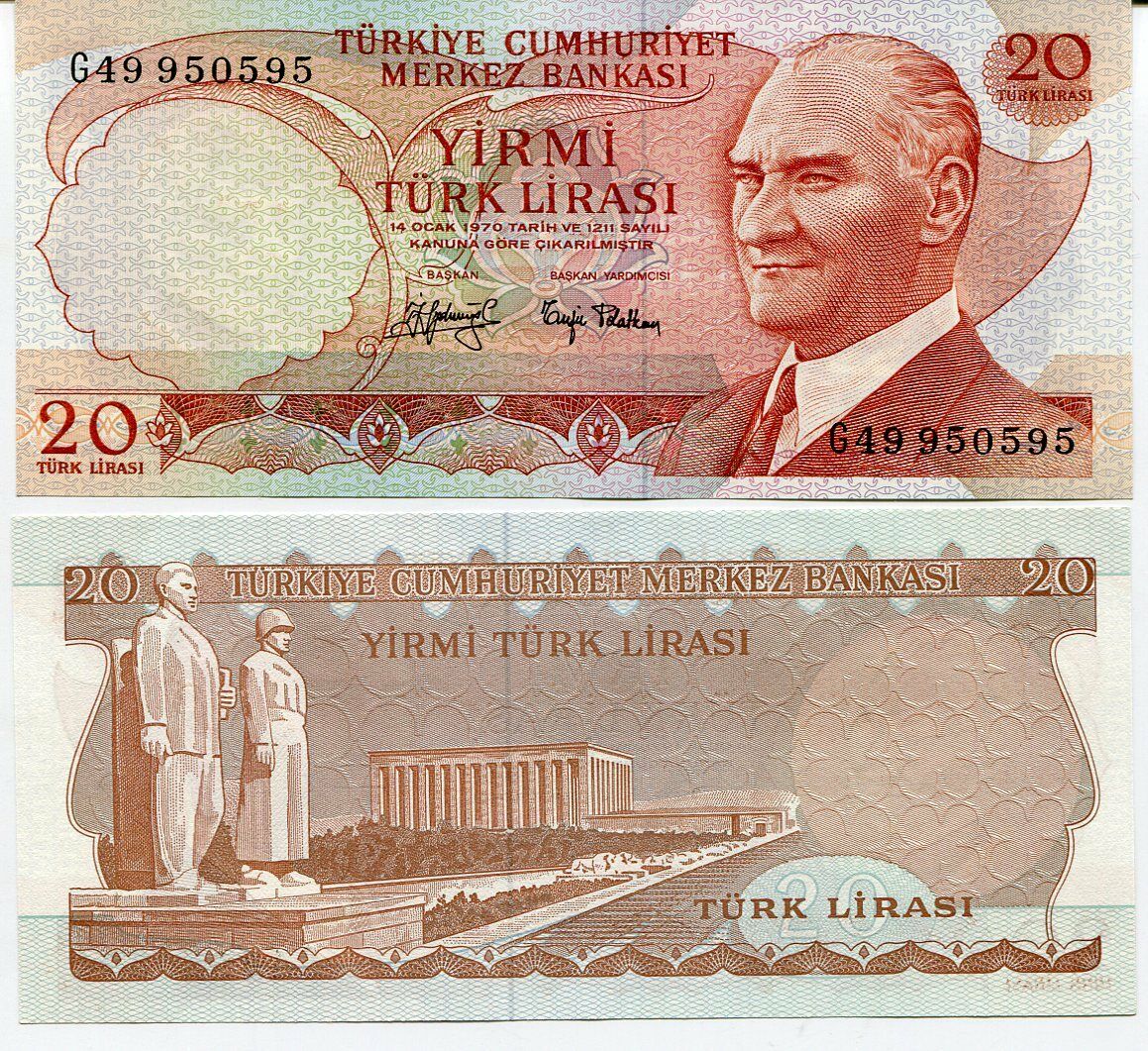 TURKEY 20 LIRA 1970 P 187 BLACK SIGN UNC