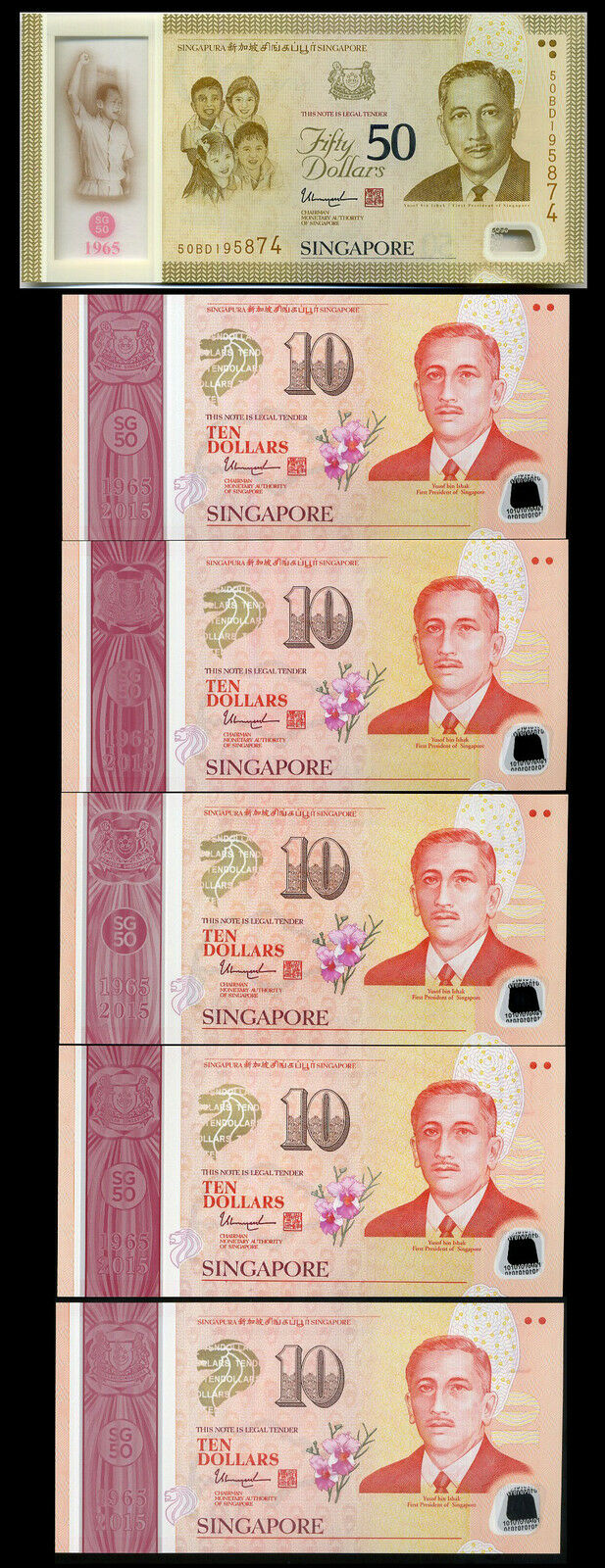 SINGAPORE SET 6 PCS = 5 X 10 DOLLARS + 1 X 50 DOLLARS 2015 POLYMER COMM. UNC