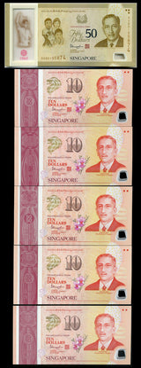 SINGAPORE SET 6 PCS = 5 X 10 DOLLARS + 1 X 50 DOLLARS 2015 POLYMER COMM. UNC