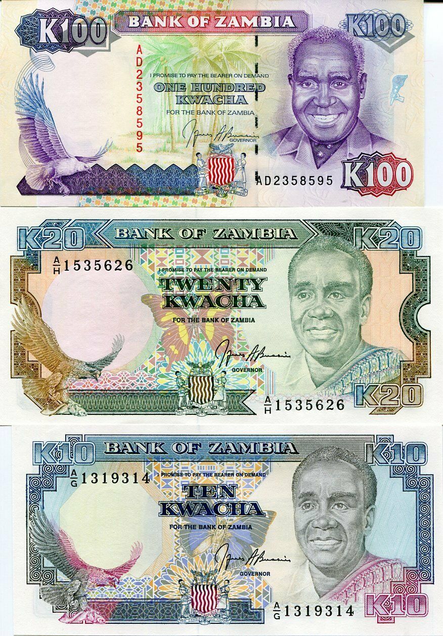 ZAMBIA SET 3 PCS 10 20 100 KWACHA ND 1989 P 31 32 34 UNC