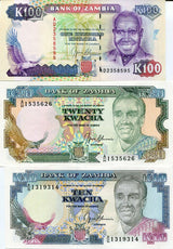 ZAMBIA SET 3 PCS 10 20 100 KWACHA ND 1989 P 31 32 34 UNC