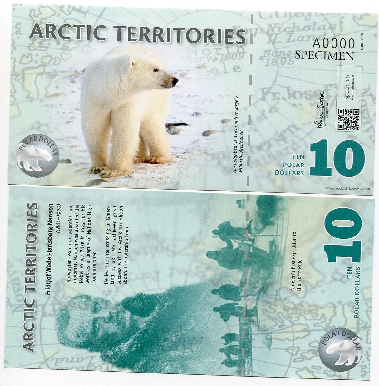 ARCTIC TERRITORIES 10 DOLLARS 2010 POLYMER SPECIMEN W/QR CODE UNC LOT 5 PCS