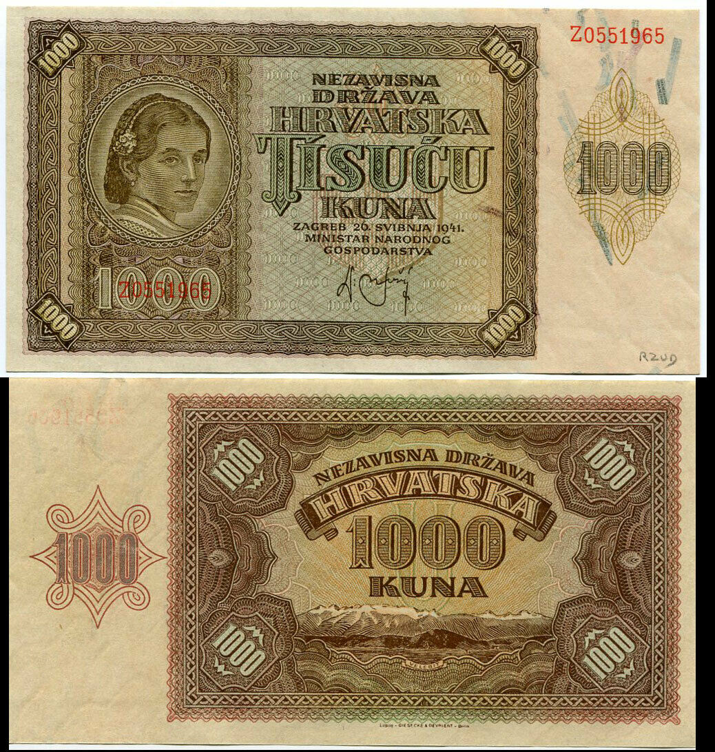 CROATIA 1000 1,000 KUNA 1941 P 4 "Z" PREFIX UNC