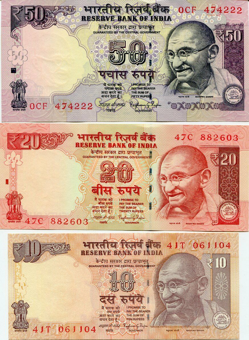 India Set 3 Pcs 10 20 50 Rupees Random Year P 102 103 104 UNC