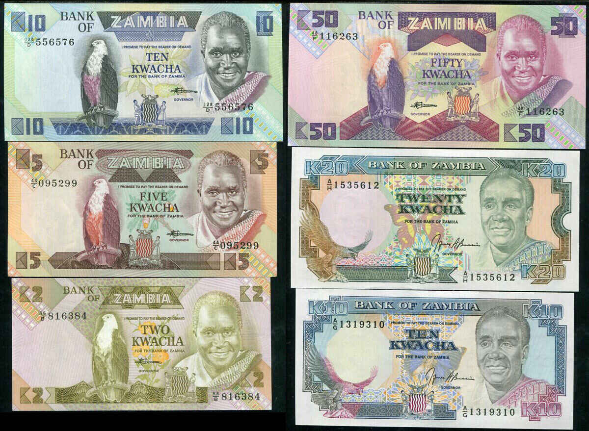 Zambia Set 6 PCS 2 5 10 50 10 20 Kwacha ND 1980-1989 P 24 25 26 28 31 32 UNC