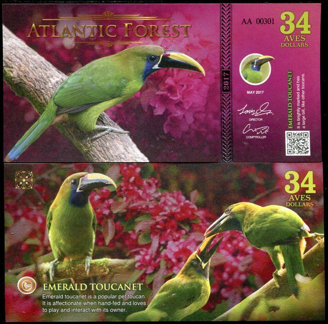 ATLANTIC FOREST 34 AVES DOLLARS EMERALD TOUCANET 2017 UNC
