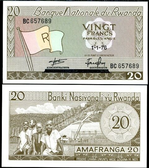 RWANDA 20 FRANCS 1-1-1976 P 6 e UNC