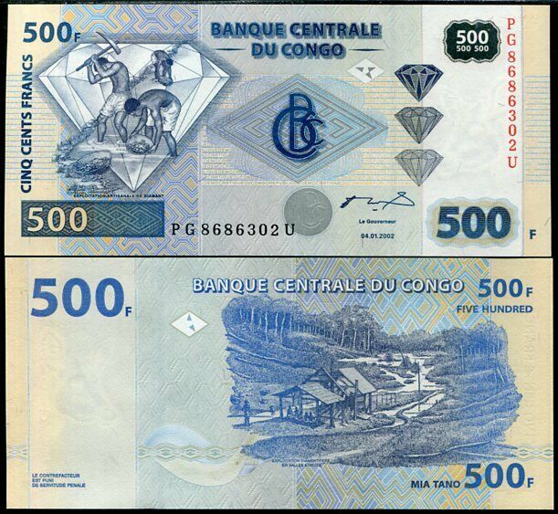 Congo 500 Francs 2002 P 96 G&D AUNC ABOUT UNC