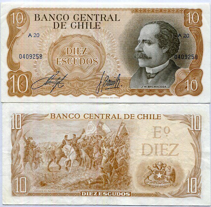 CHILE 10 ESCUDOS ND 1967 P 143 XF WITH FOXING