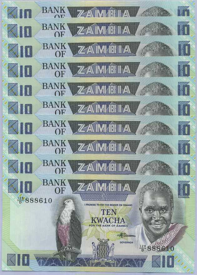 Zambia 10 Kwacha ND 1980/1988 P 26 e AUnc LOT 10 PCS