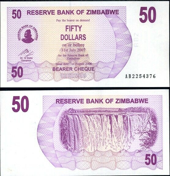 ZIMBABWE 50 DOLLARS BEARER CHEQUE 2006 P 41 UNC