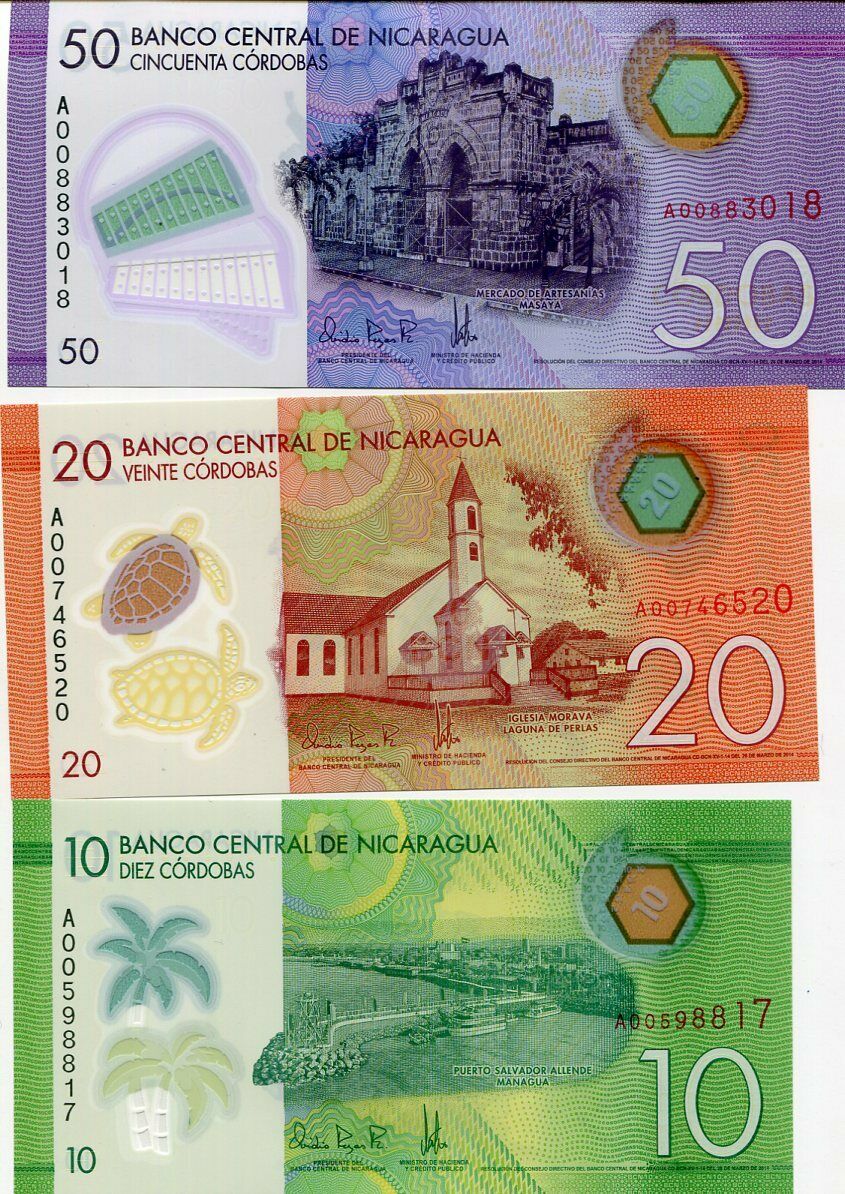Nicaragua Set 3 Pcs 10 20 50 Cordobas 2014-2021 Polymer P 209 210 211 UNC