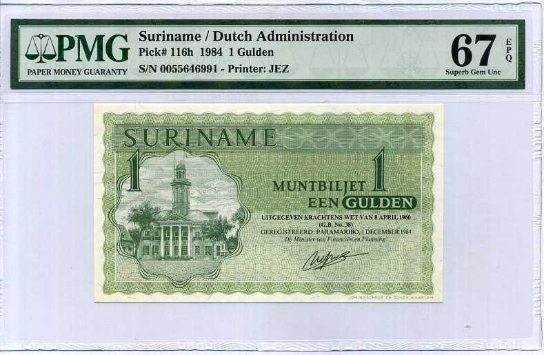 Suriname 1 Gulden 1984 P 116 h Superb Gem UNC PMG 67 EPQ HIGHEST