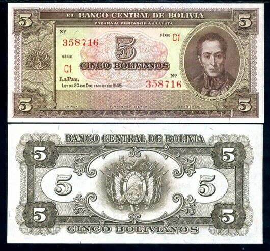 BOLIVIA 5 BOLIVIARES 1945 P 138 UNC