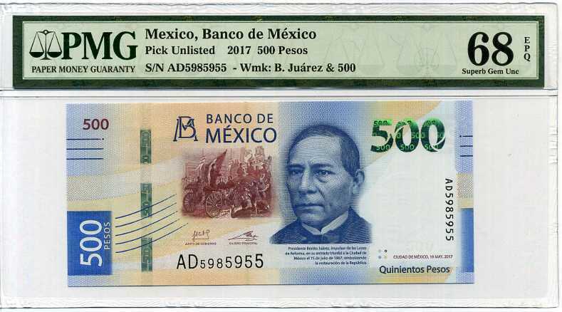 MEXICO 500 PESOS 2017 P NEW SUPER GEM UNC PMG 68 EPQ