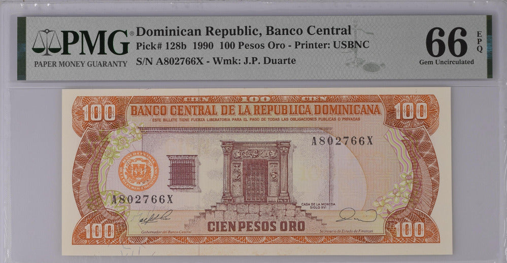 Dominican Republic 100 Pesos 1990 P 128 b GEM UNC PMG 66 EPQ Top Pop