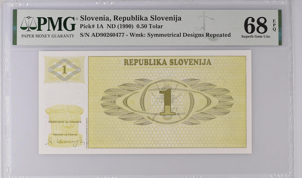 Slovenia 1 Tolar ND 1990 P 1 Superb GEM UNC PMG 68 EPQ Top Wrong label