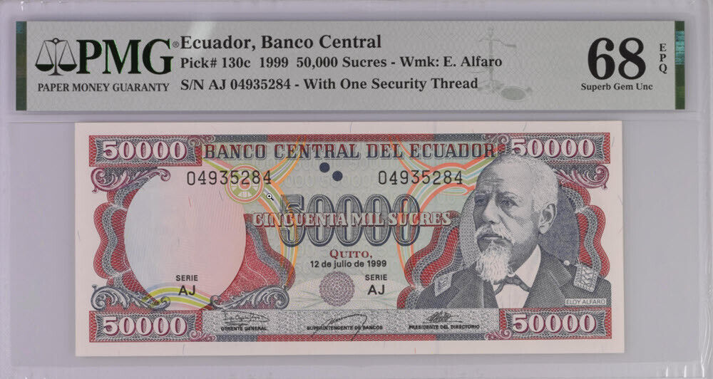 Ecuador 50000 Sucres 1999 July P 130 c Superb Gem UNC PMG 68 EPQ Top Pop