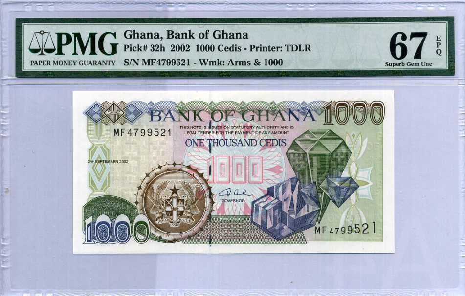 Ghana 1000 Cedis 2002 P 32 Superb Gem UNC PMG 67 EPQ