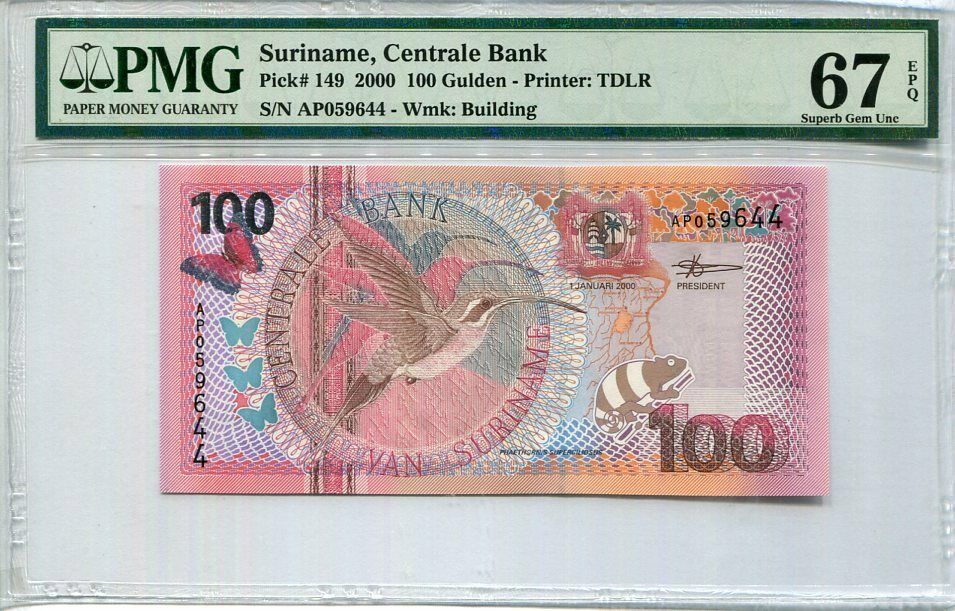 Suriname 100 Gulden 2000 P 149 Superb Gem UNC PMG 67 EPQ