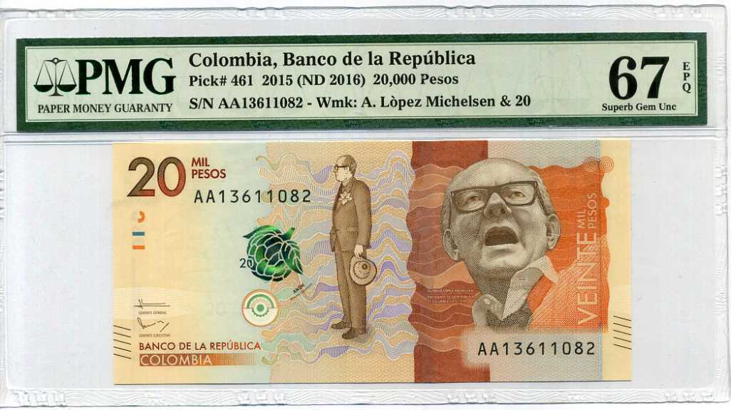 Colombia 20000 Pesos 2015 / 2016 P 461 Superb Gem UNC PMG 67 EPQ