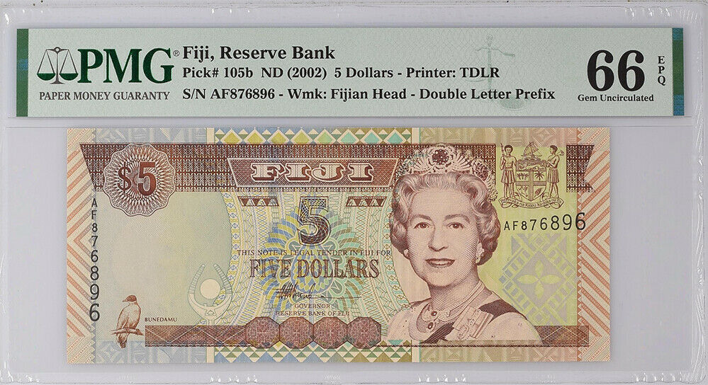Fiji 5 Dollars ND 2002 P 105 b Gem UNC PMG 66 EPQ