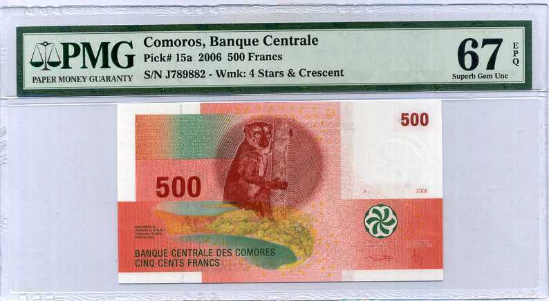 COMOROS 500 FRANCS 2006 P 15 a SUPERB GEM UNC PMG 67 EPQ