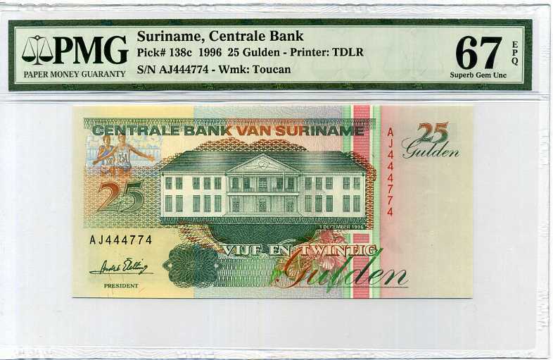 Suriname 25 Gulden 1996 P 138 c SUPERB GEM UNC PMG 67 EPQ