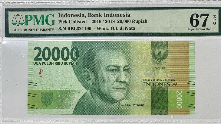 INDONESIA 20000 20,000 RUPIAH 2016 / 2018 P 158 SUPERB GEM UNC PMG 67 EPQ
