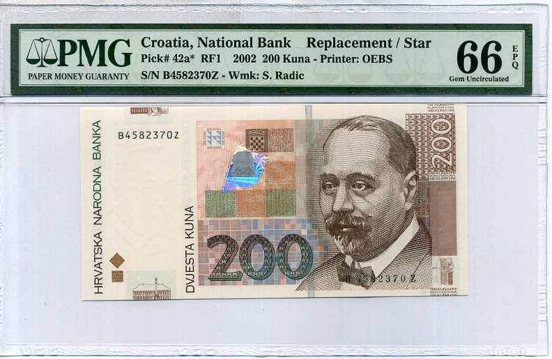 Croatia 200 Kuna 2002 P 42a * Replacement Gem UNC PMG 66 EPQ