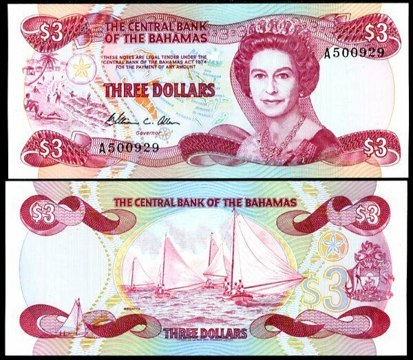 Bahamas 3 Dollars 1974 ND 1984 QE II P 44 UNC