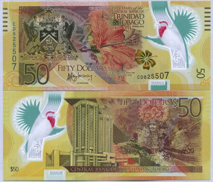Trinidad & Tobago 50 Dollars 2014 P 54 Polymer Comm. CD Prefix UNC