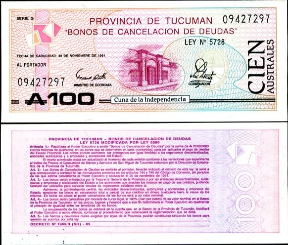 ARGENTINA TUCUMAN 100 AUS 1989 S-2715 UNC