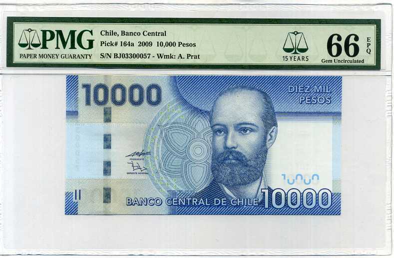 CHILE 10000 PESOS 2008 P 164 15th LABEL GEM UNC PMG 66 EPQ