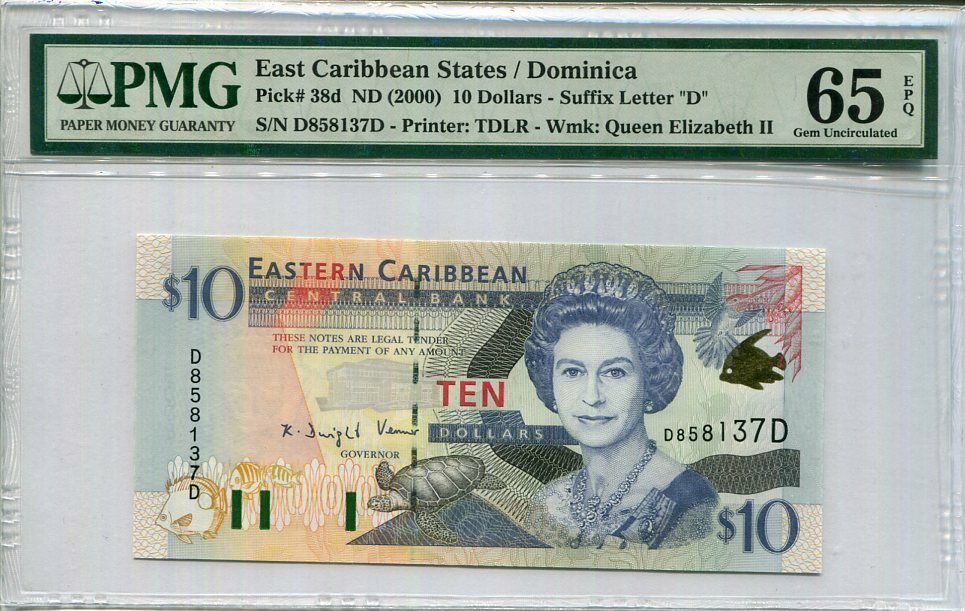 East Caribbean 10 Dollars ND 2000 P 38 D Dominica GEM UNC PMG 65 EPQ H ...