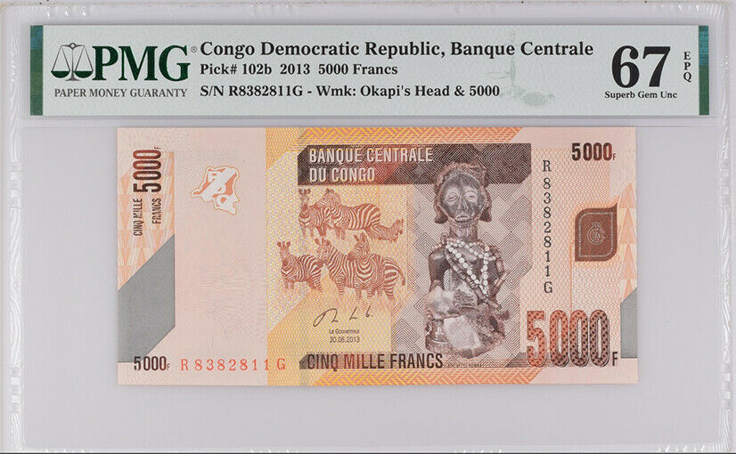 Congo 5000 Francs 2013 P 102 B Superb Gem UNC PMG 67 EPQ