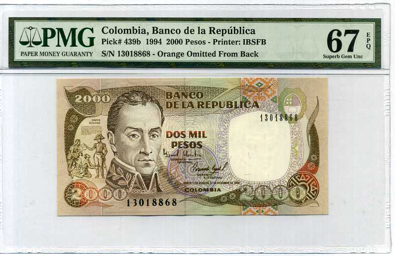 Colombia 2000 Pesos 1994 P 439 B Superb Gem UNC PMG 67 EPQ HIGH