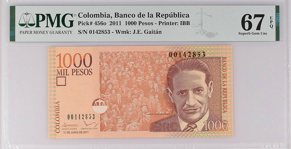 Colombia 1000 Pesos 2011 P 456 o Superb GEM UNC PMG 67 EPQ