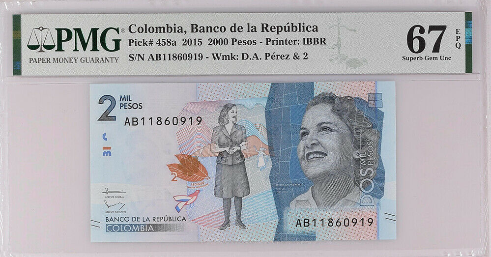 Colombia 2000 Pesos 2015 P 458 a SUPERB GEM UNC PMG 67 EPQ