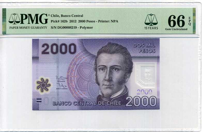 Chile 2000 Pesos 2012 P 162 b 15TH GEM UNC PMG 66 EPQ