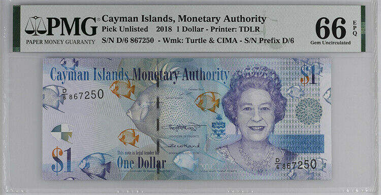 Cayman Islands 1 Dollar 2018 D/6 P New Gem UNC PMG 66 EPQ