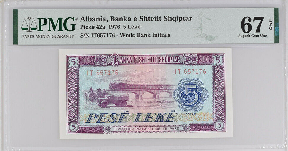 ALBANIA 5 LEKE 1976 P 42 SUPERB GEM UNC PMG 67 EPQ HIGH