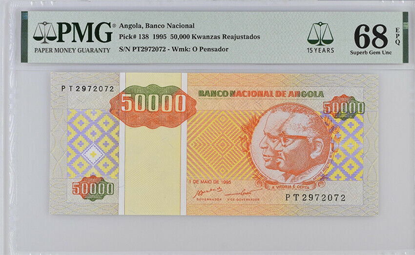 ANGOLA 50,000 50000 KWANZAS 1995 P 138 15TH SUPERB GEM UNC PMG 68 EPQ HIGHEST