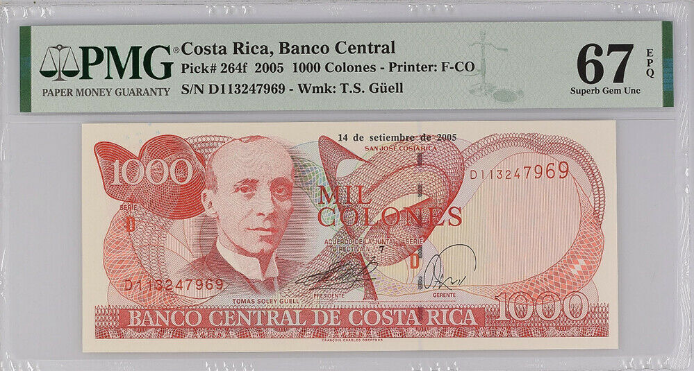 Costa Rica 1000 Colones 2005 P 264 f Superb Gem UNC PMG 67 EPQ