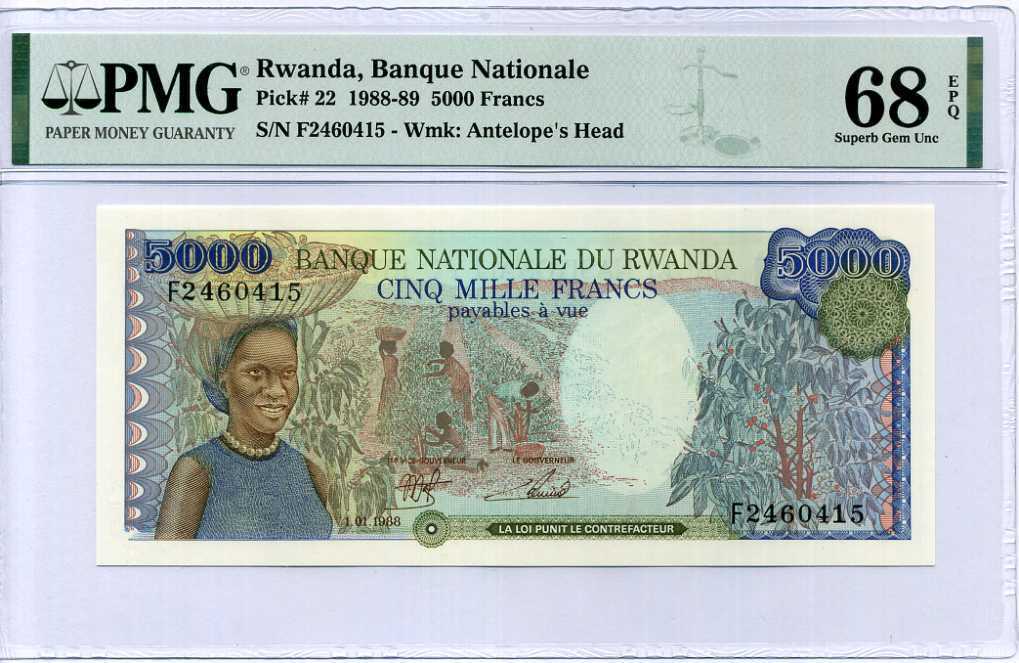 Rwanda 5000 Francs 1988 P 22 Superb Gem UNC PMG 68 EPQ