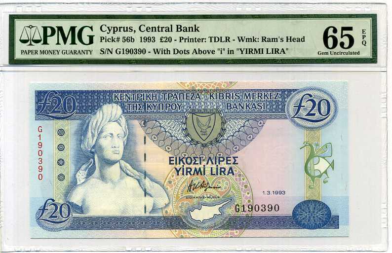 Cyprus 20 Pound 1993 P 56 Gem UNC PMG 65 EPQ